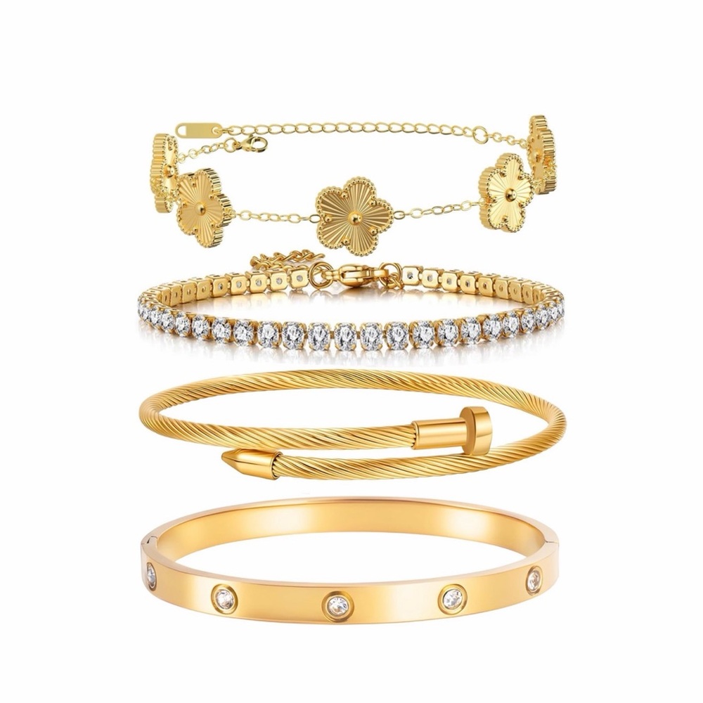 Gold Bracelet Stack – Clover, Tennis, Cable Cuff & CZ Bangle (4-Piece)